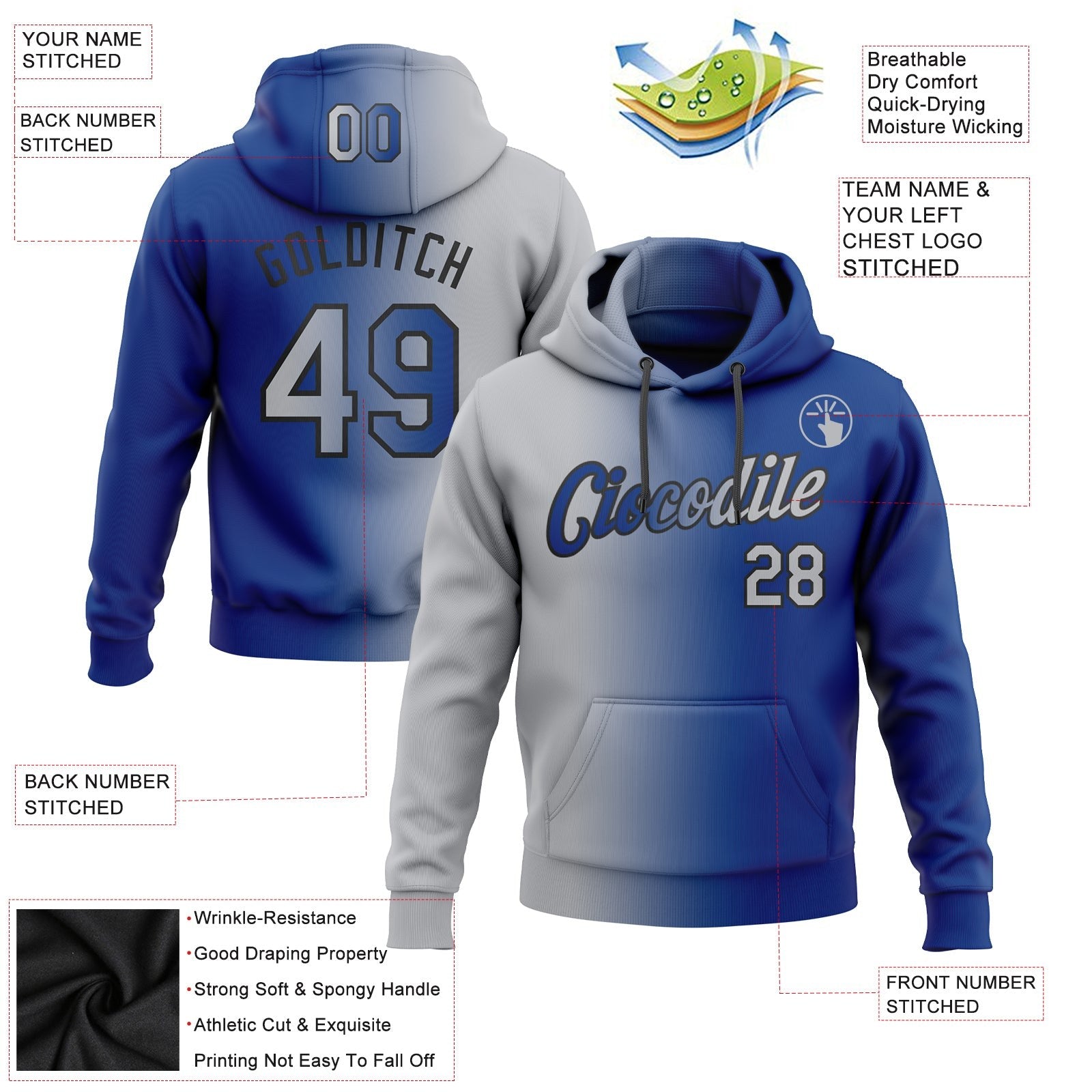 Custom Stitched Royal Gray-Black Gradient Fashion Sports Pullover Sweatshirt Hoodie photo 2