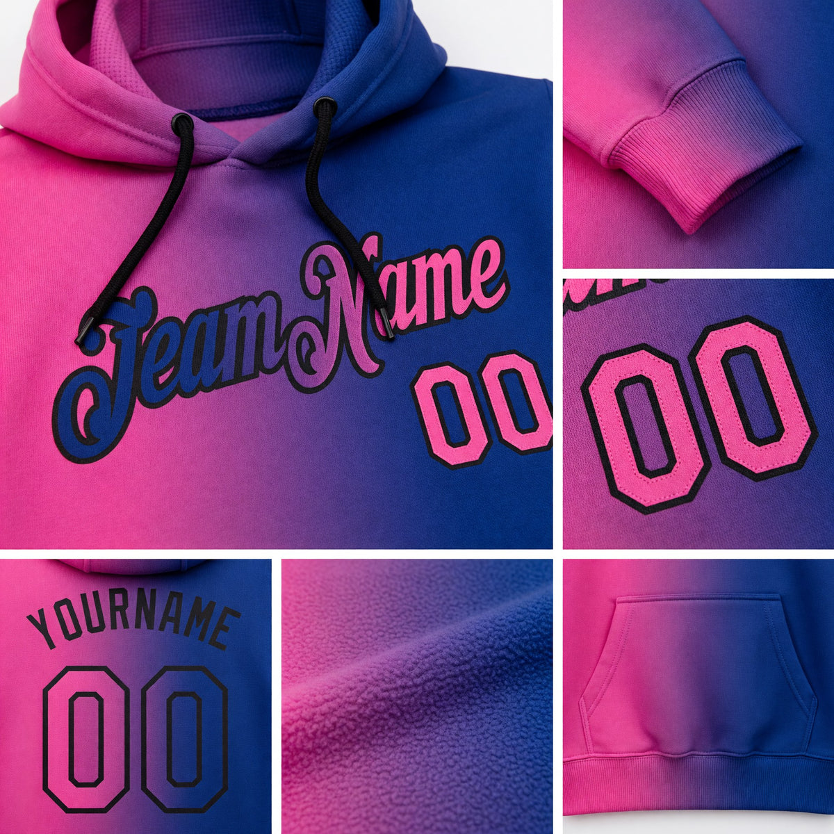 Custom Stitched Royal Pink-Black Gradient Fashion Sports Pullover Sweatshirt Hoodie detail