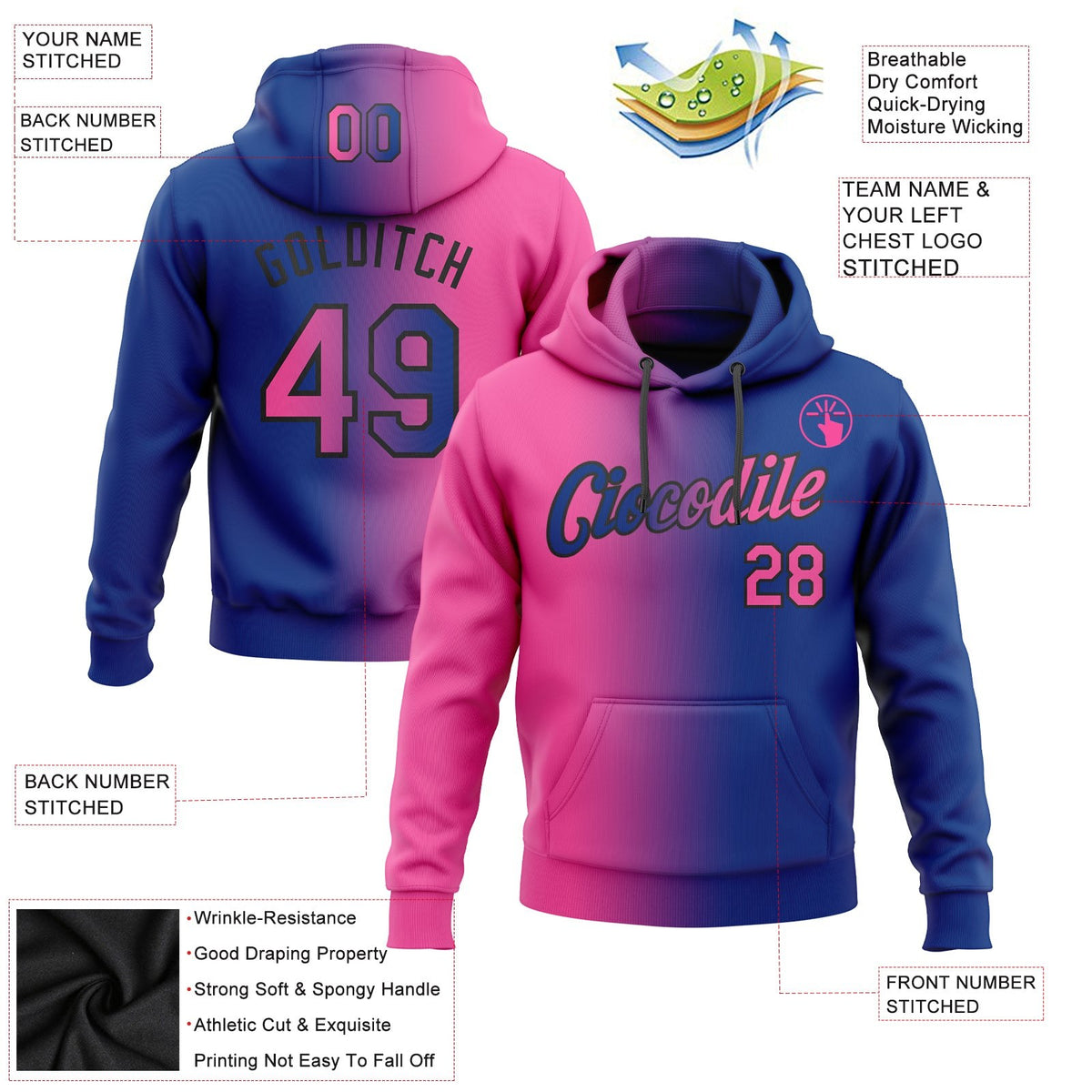 Custom Stitched Royal Pink-Black Gradient Fashion Sports Pullover Sweatshirt Hoodie photo 2