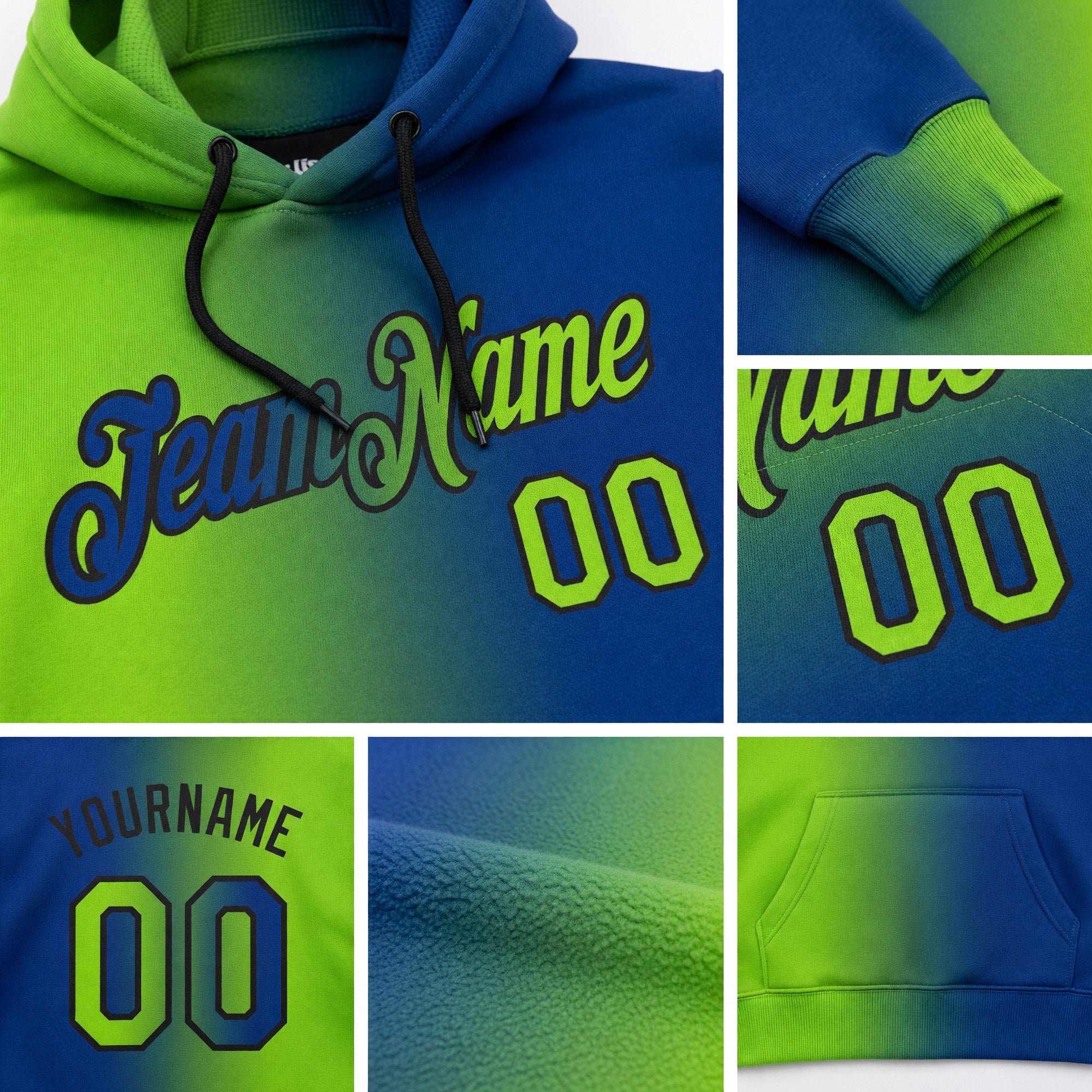 Custom Stitched Royal Neon Green-Black Gradient Fashion Sports Pullover Sweatshirt Hoodie detail