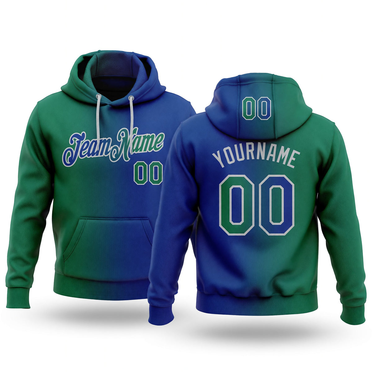 Custom Stitched Royal Kelly Green-Gray Gradient Fashion Sports Pullover Sweatshirt Hoodie