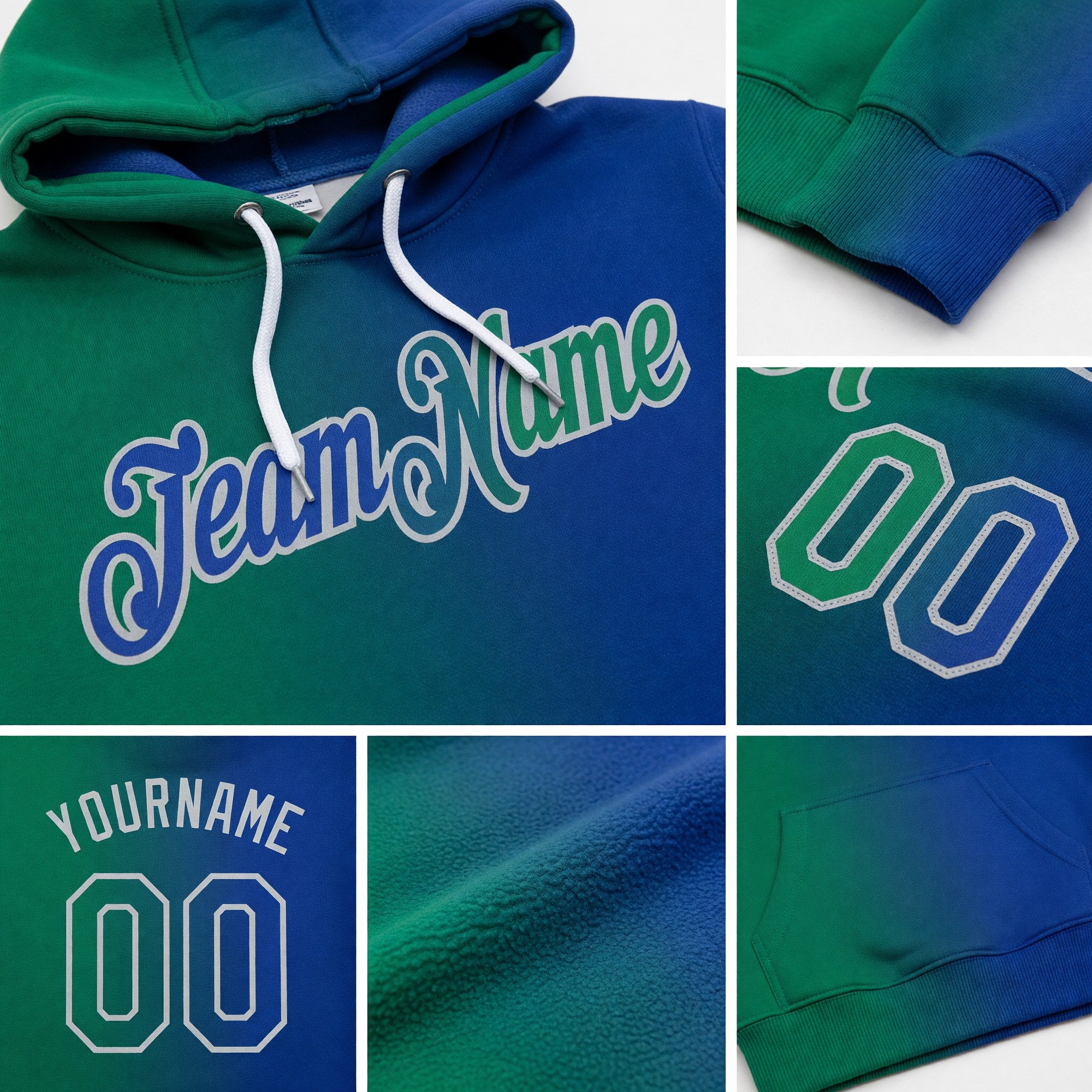 Custom Stitched Royal Kelly Green-Gray Gradient Fashion Sports Pullover Sweatshirt Hoodie detail