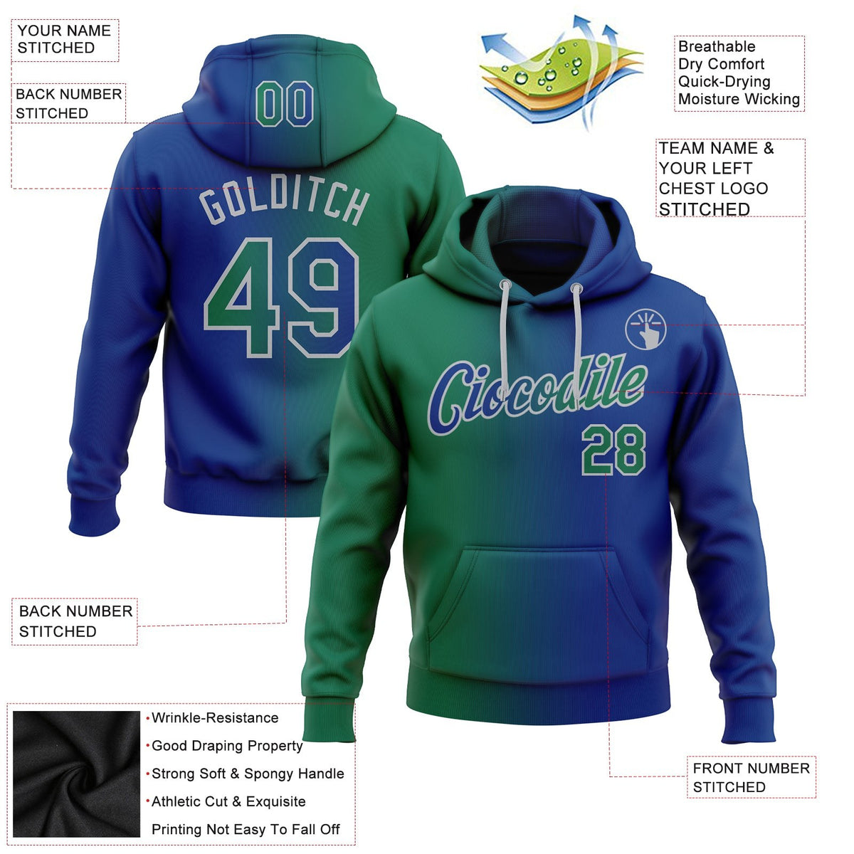 Custom Stitched Royal Kelly Green-Gray Gradient Fashion Sports Pullover Sweatshirt Hoodie photo 2