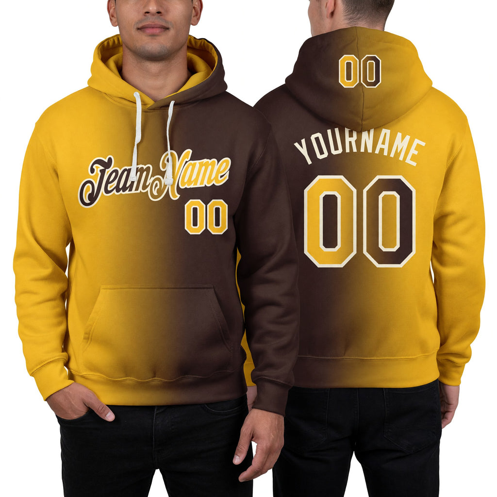 Custom Stitched Brown Gold-Cream Gradient Fashion Sports Pullover Sweatshirt Hoodie worn front and back