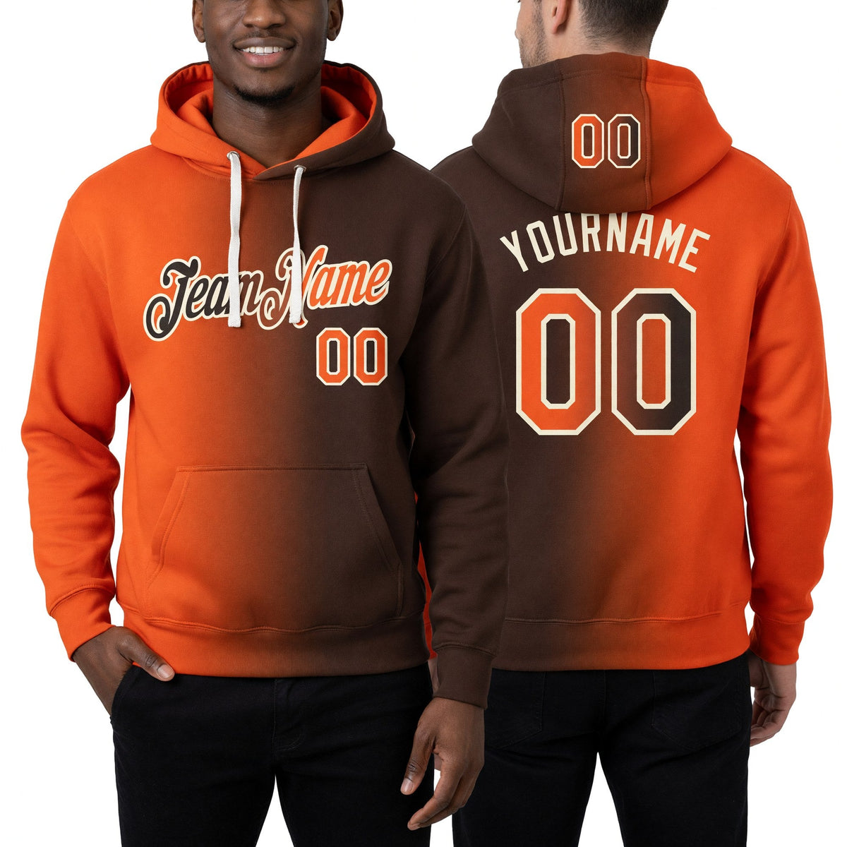 Custom Stitched Brown Orange-Cream Gradient Fashion Sports Pullover Sweatshirt Hoodie worn front and back