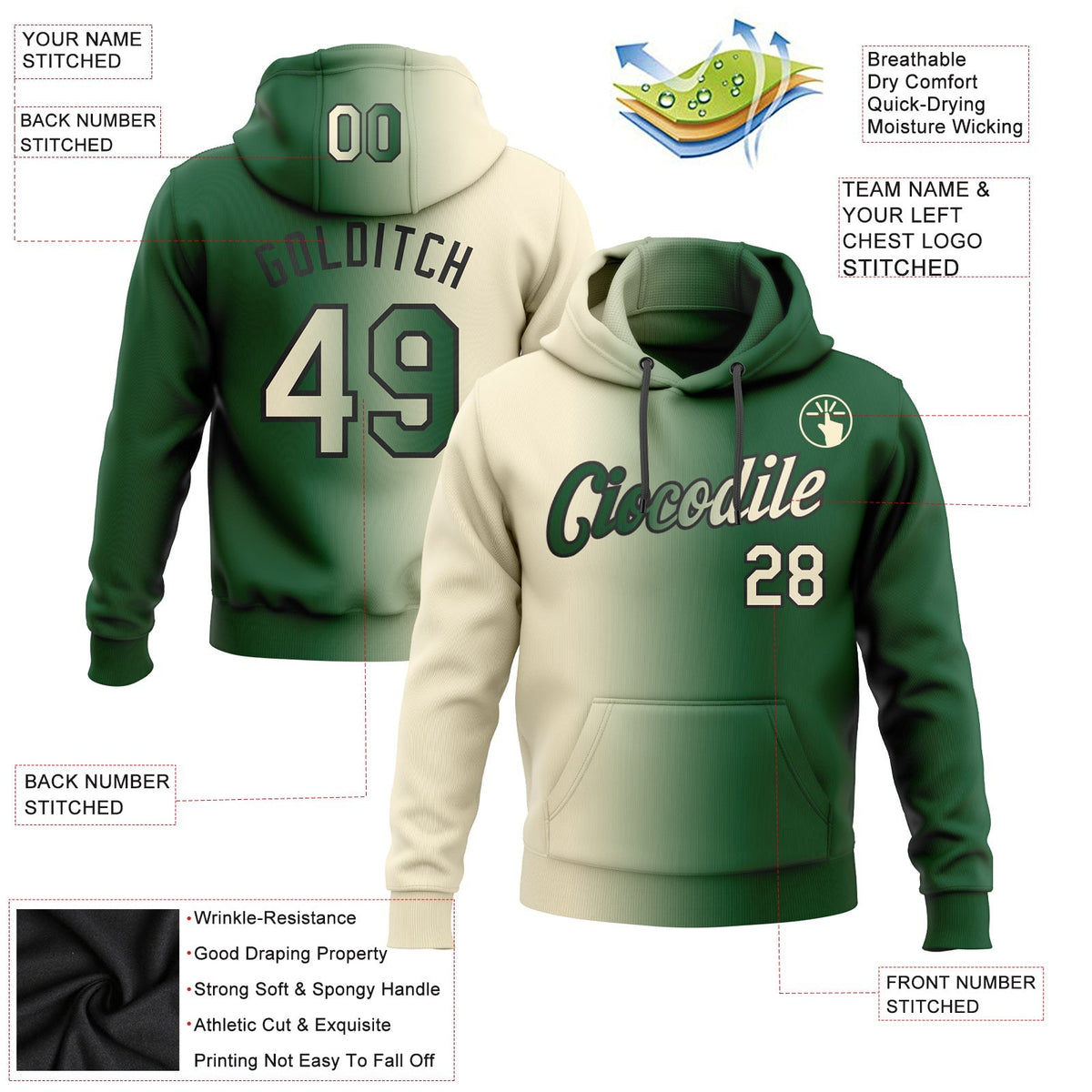 Custom Stitched Green Cream-Black Gradient Fashion Sports Pullover Sweatshirt Hoodie photo 2