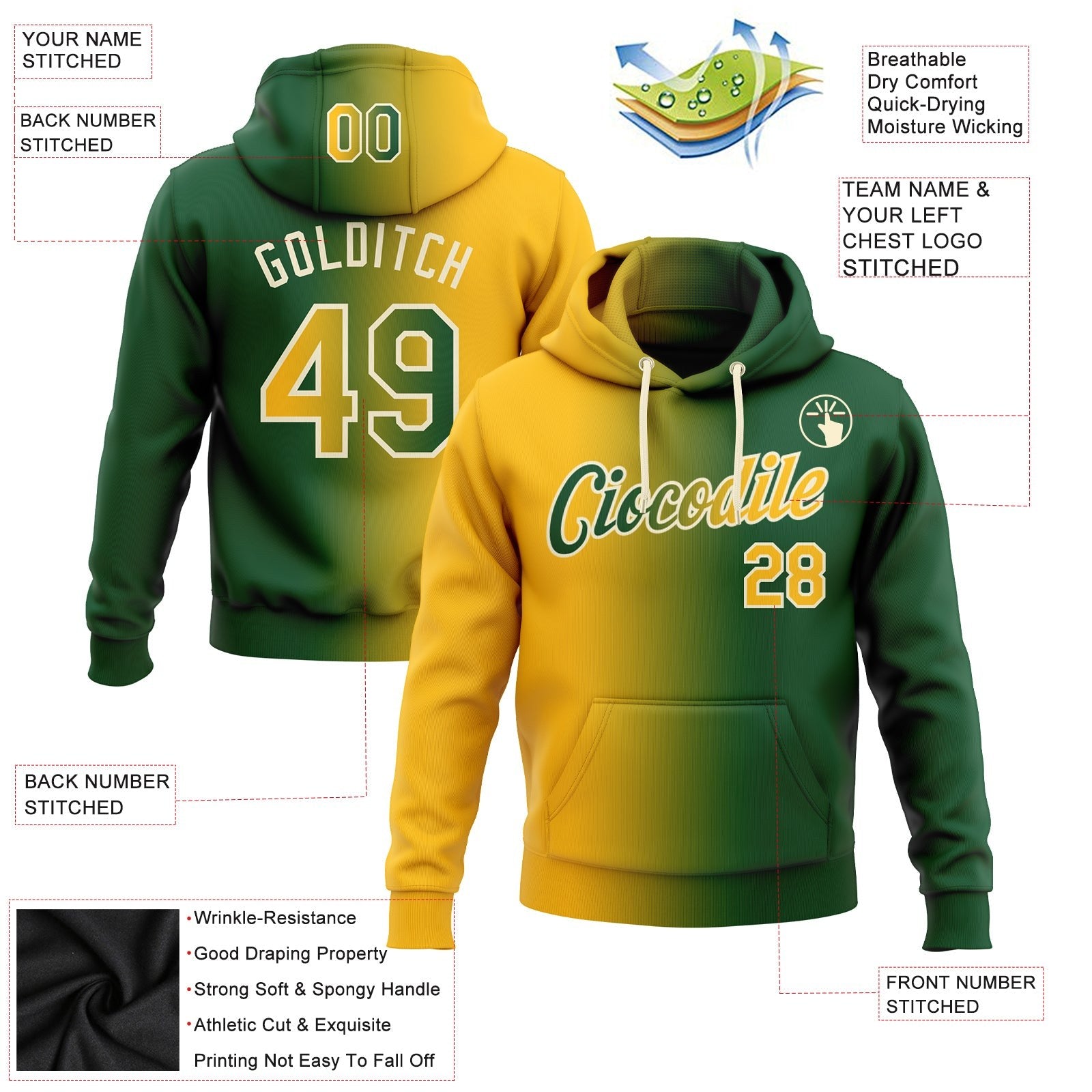Custom Stitched Green Gold-Cream Gradient Fashion Sports Pullover Sweatshirt Hoodie photo 2