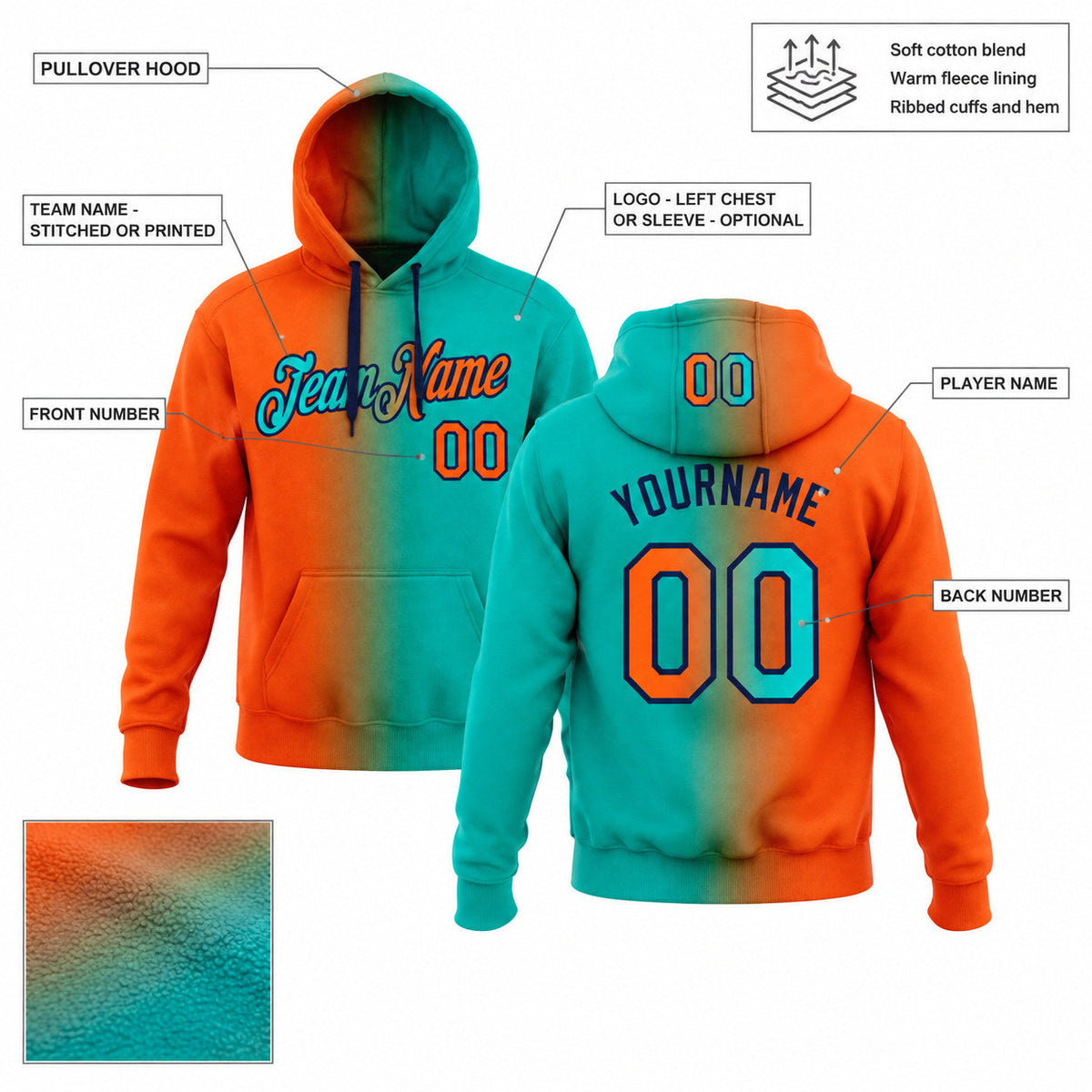 Custom Aqua Gradient Pullover Hoodie with Orange and Navy Lettering customization guide