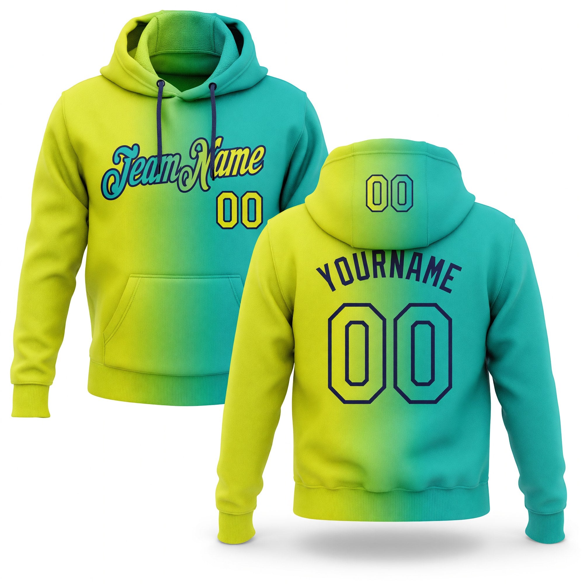 Custom Stitched Aqua Neon Yellow-Navy Gradient Fashion Sports Pullover Sweatshirt Hoodie