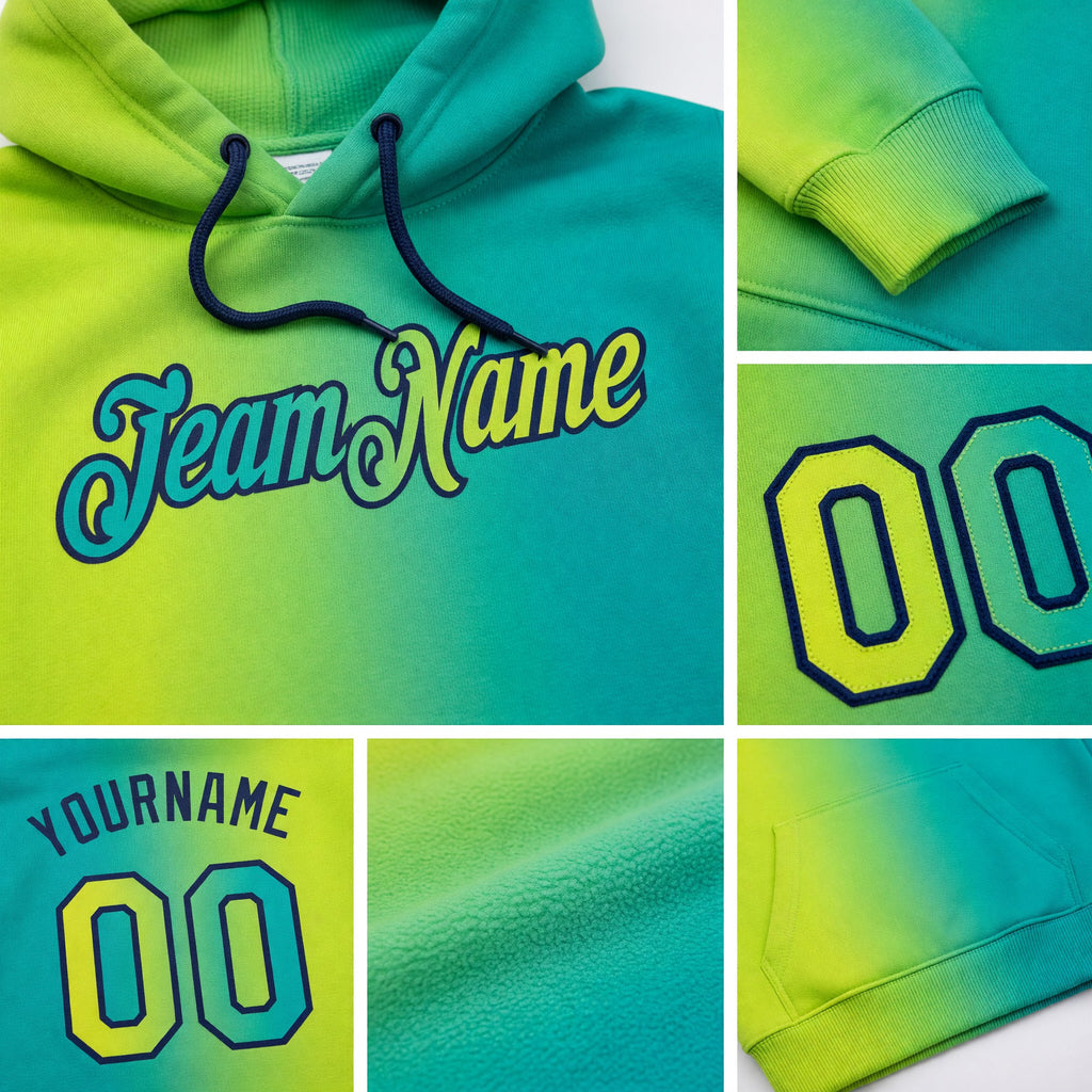 Custom Stitched Aqua Neon Yellow-Navy Gradient Fashion Sports Pullover Sweatshirt Hoodie detail