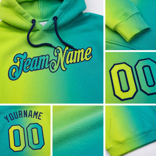 Custom Stitched Aqua Neon Yellow-Navy Gradient Fashion Sports Pullover Sweatshirt Hoodie detail