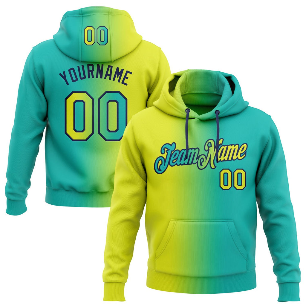 Custom Stitched Aqua Neon Yellow-Navy Gradient Fashion Sports Pullover Sweatshirt Hoodie photo 1