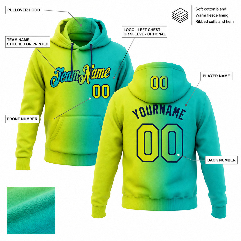 Custom Aqua Gradient Pullover Hoodie with Neon Yellow and Navy Lettering customization guide