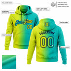 Custom Aqua Gradient Pullover Hoodie with Neon Yellow and Navy Lettering customization guide