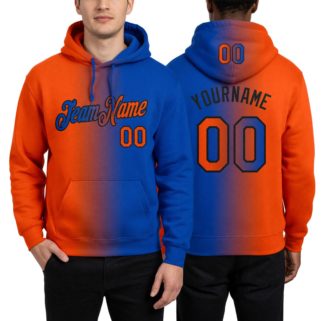 Custom Stitched Thunder Blue Orange-Black Gradient Fashion Sports Pullover Sweatshirt Hoodie worn front and back