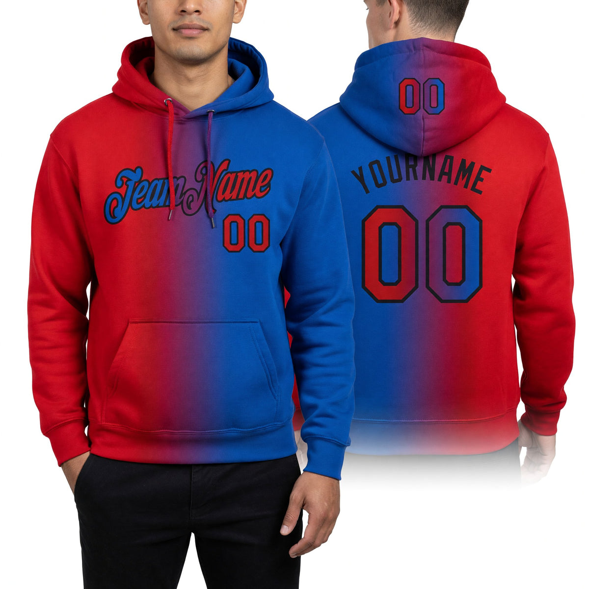 Custom Stitched Thunder Blue Red-Black Gradient Fashion Sports Pullover Sweatshirt Hoodie worn front and back