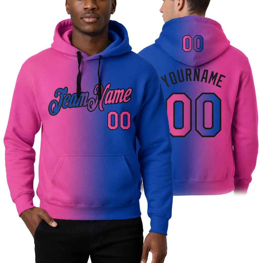 Custom Stitched Thunder Blue Pink-Black Gradient Fashion Sports Pullover Sweatshirt Hoodie worn front and back