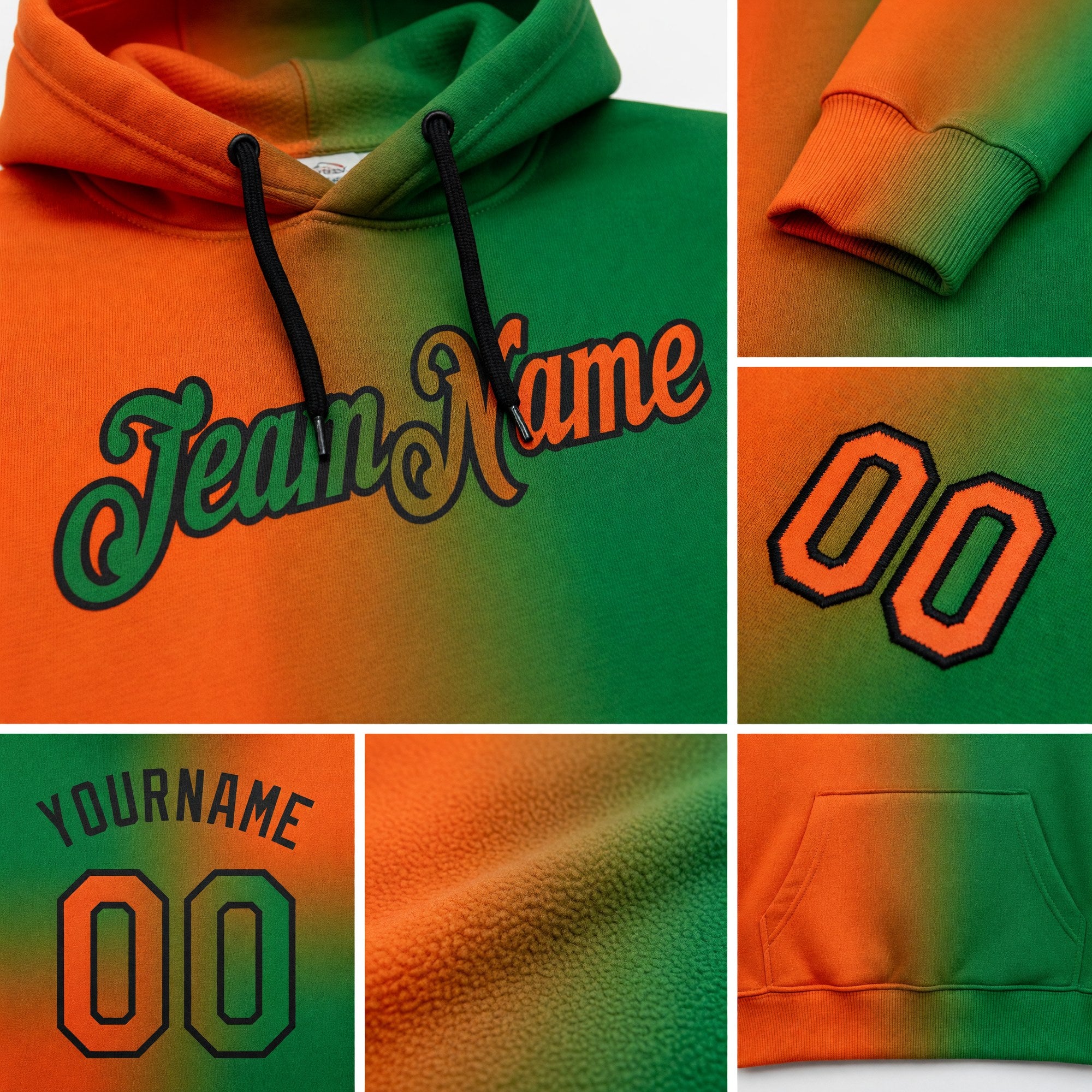 Custom Stitched Grass Green Orange-Black Gradient Fashion Sports Pullover Sweatshirt Hoodie detail