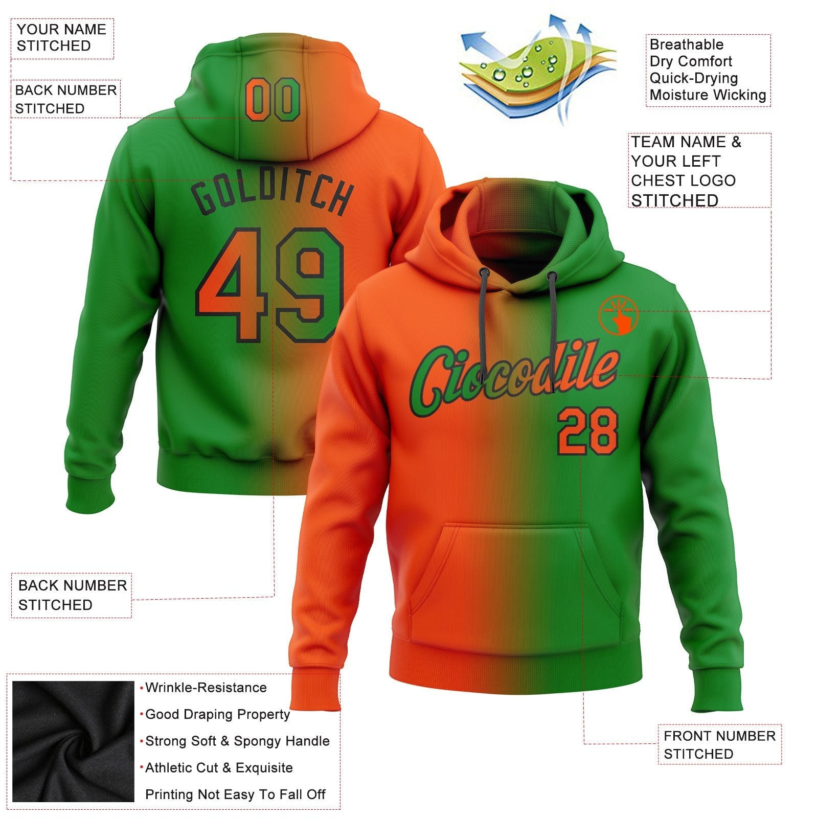 Custom Stitched Grass Green Orange-Black Gradient Fashion Sports Pullover Sweatshirt Hoodie photo 2