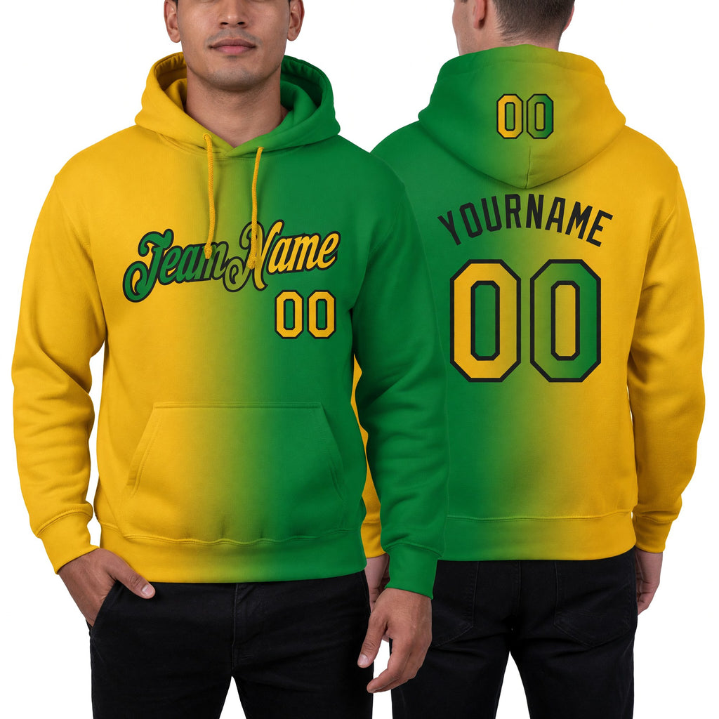 Custom Stitched Grass Green Gold-Black Gradient Fashion Sports Pullover Sweatshirt Hoodie worn front and back