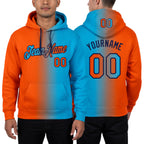 Custom Stitched Sky Blue Orange-Navy Gradient Fashion Sports Pullover Sweatshirt Hoodie worn front and back