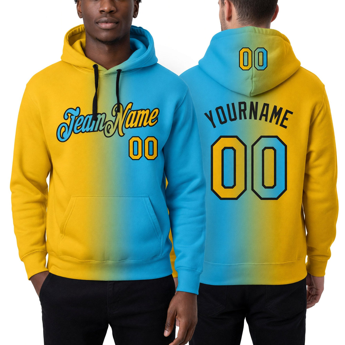 Custom Stitched Sky Blue Gold-Black Gradient Fashion Sports Pullover Sweatshirt Hoodie worn front and back