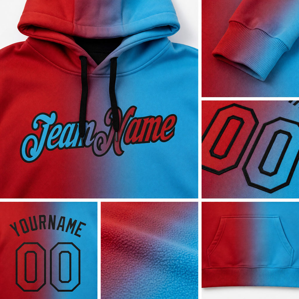 Custom Stitched Sky Blue Red-Black Gradient Fashion Sports Pullover Sweatshirt Hoodie detail