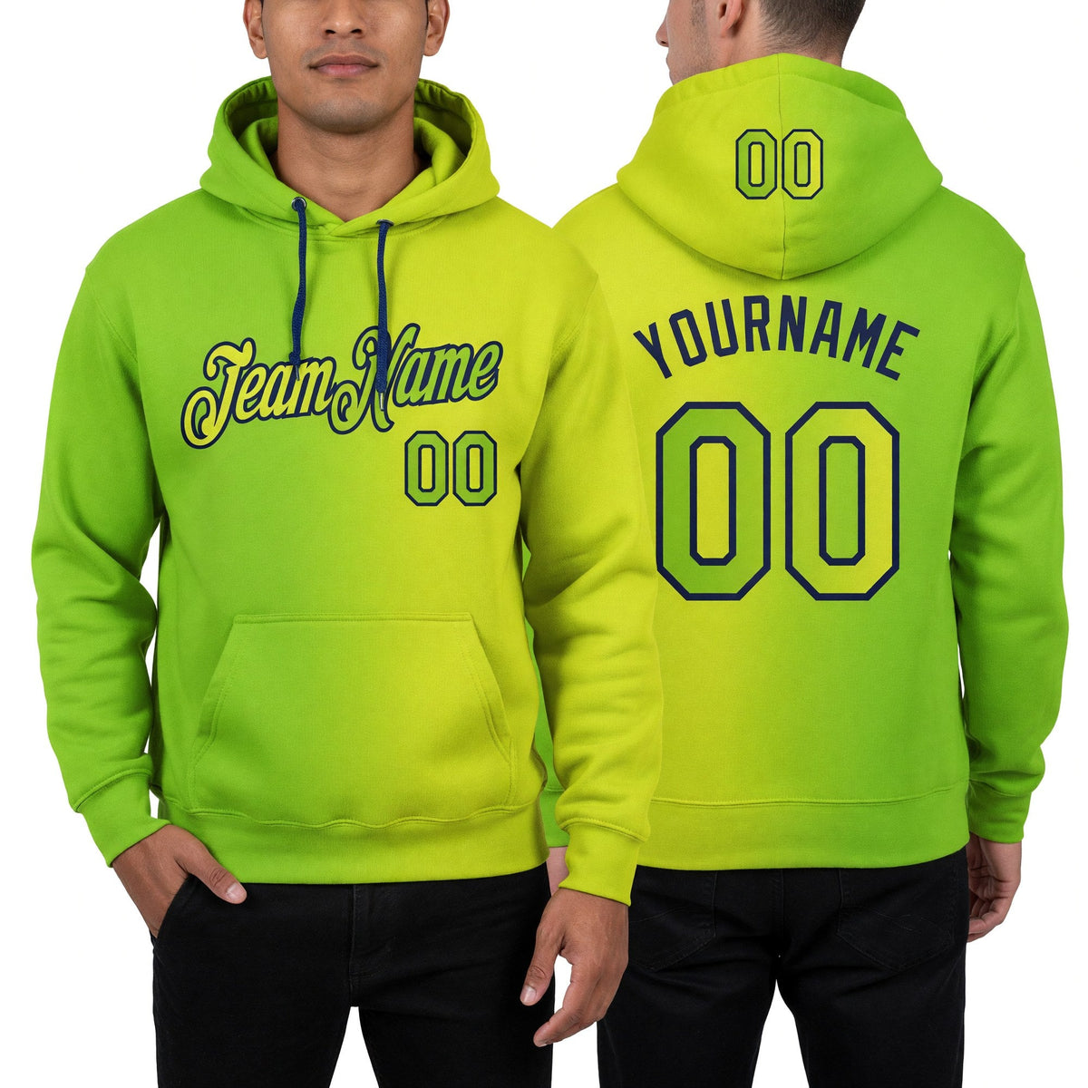 Custom Stitched Neon Yellow Neon Green-Navy Gradient Fashion Sports Pullover Sweatshirt Hoodie worn front and back