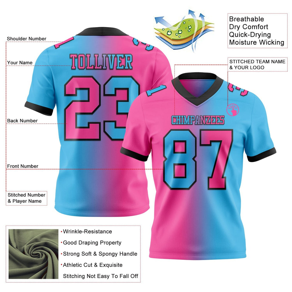 Custom Sky Blue Pink-Black Authentic Gradient Fashion Football Jersey photo 2