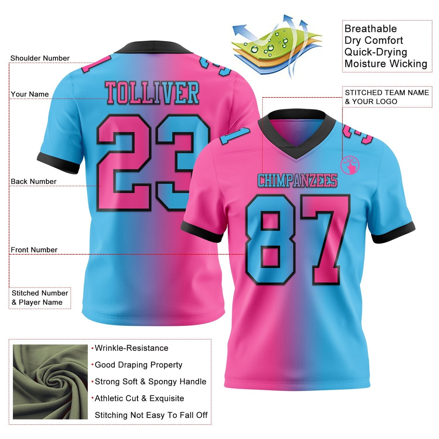 Custom Sky Blue Pink-Black Authentic Gradient Fashion Football Jersey photo 2
