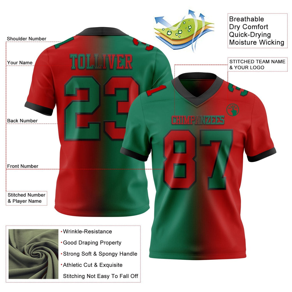 Custom Red Kelly Green-Black Authentic Gradient Fashion Football Jersey photo 2
