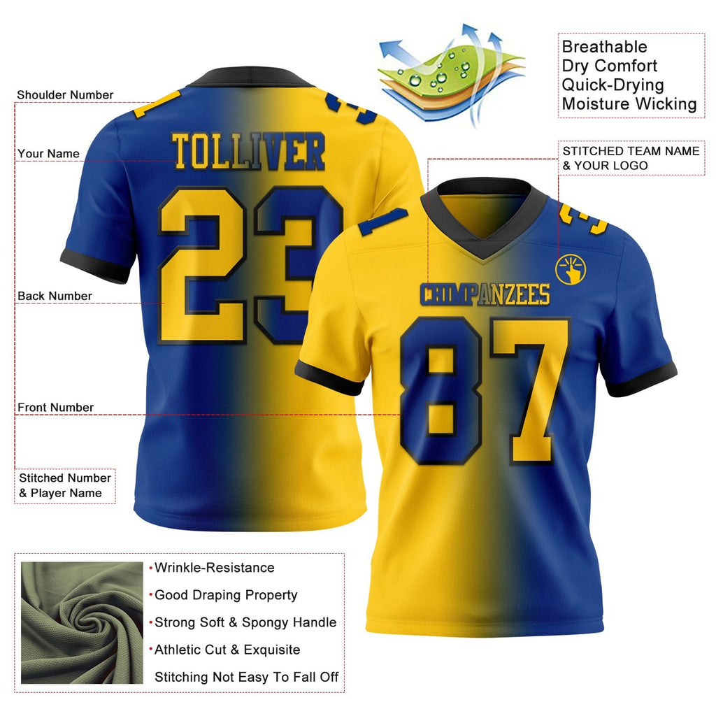 Custom Royal Yellow-Black Authentic Gradient Fashion Football Jersey photo 2