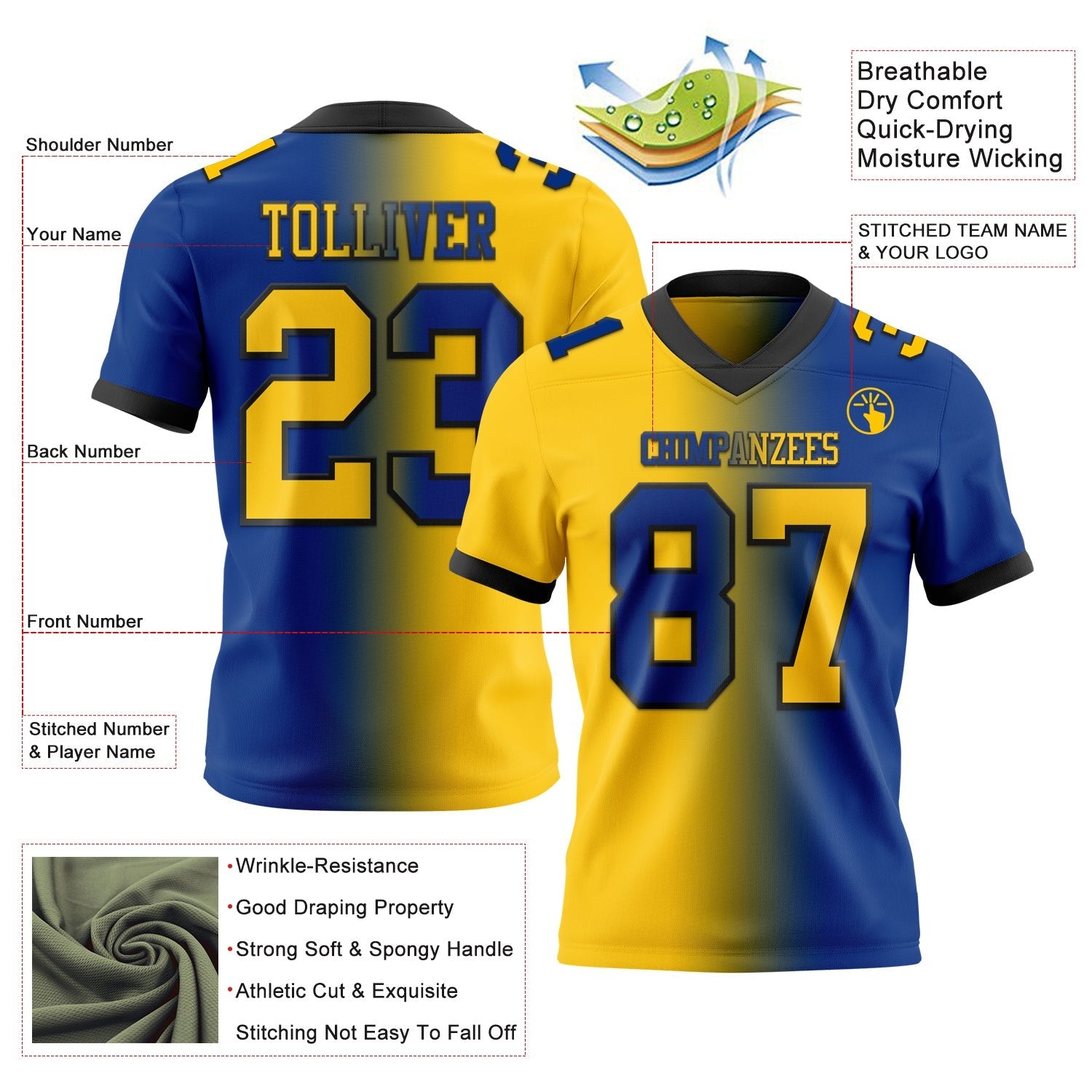 Custom Royal Yellow-Black Authentic Gradient Fashion Football Jersey photo 2