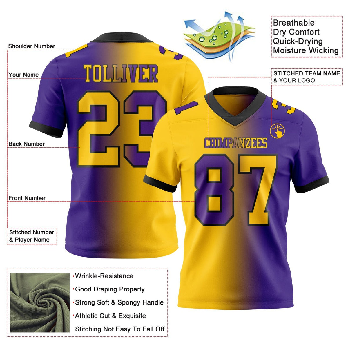 Custom Purple Yellow-Black Authentic Gradient Fashion Football Jersey photo 2