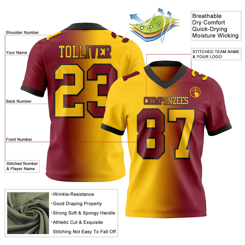 Custom Crimson Yellow-Black Authentic Gradient Fashion Football Jersey photo 2