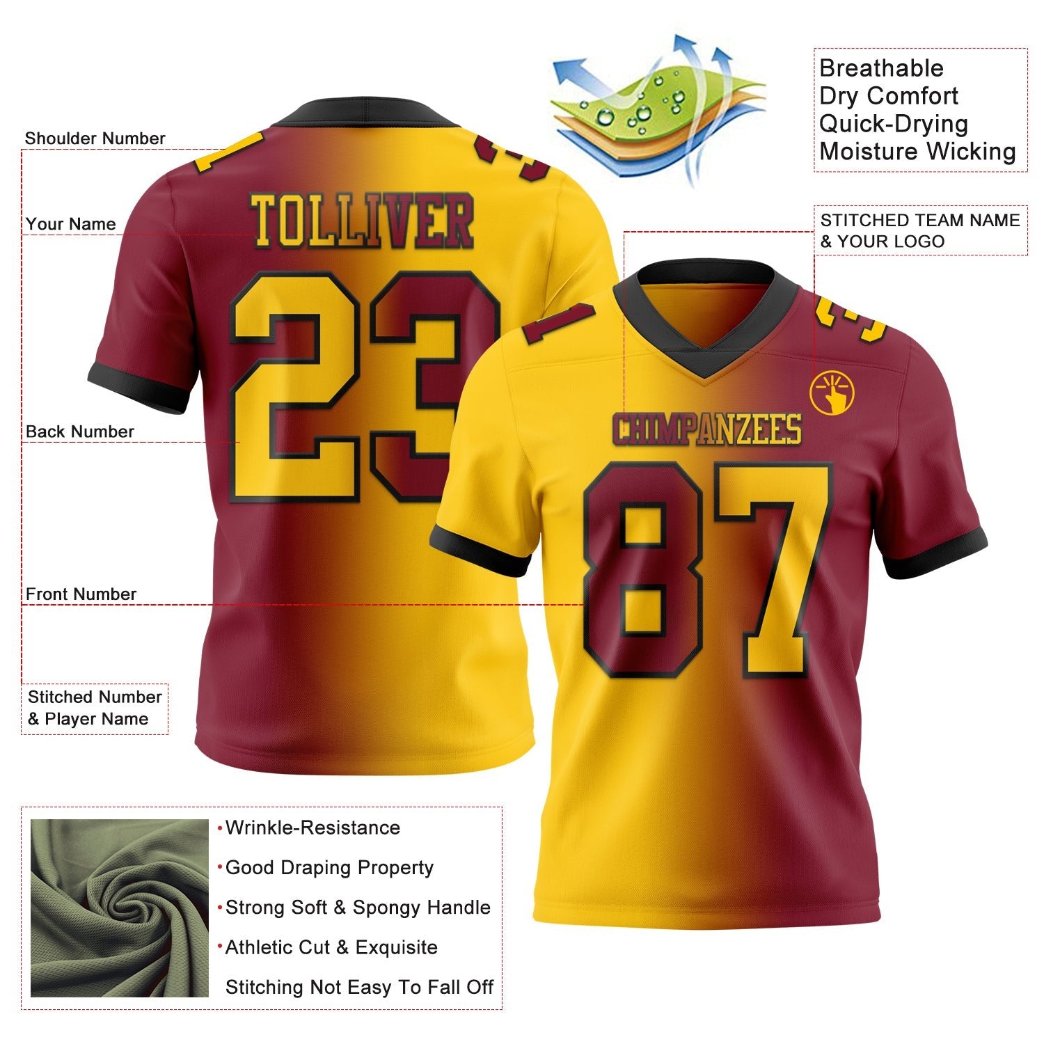 Custom Crimson Yellow-Black Authentic Gradient Fashion Football Jersey photo 2