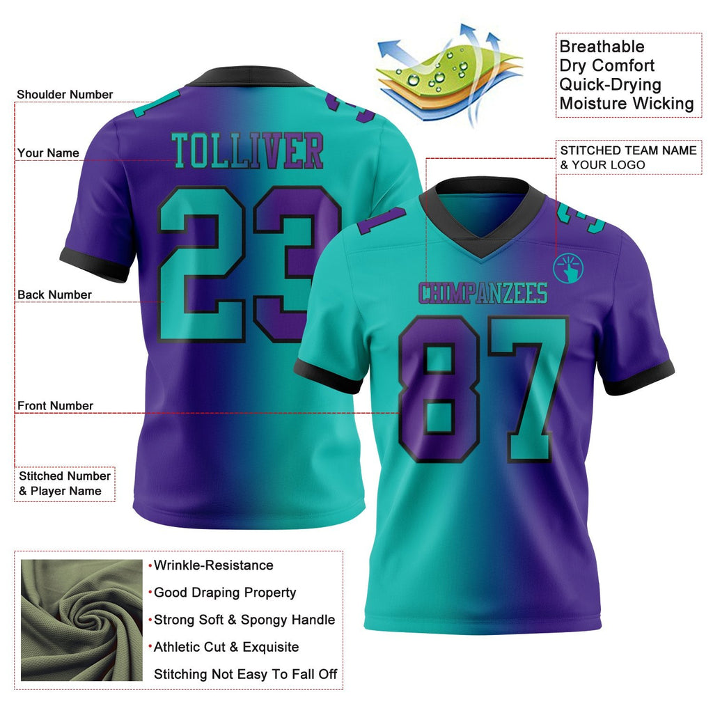 Custom Purple Aqua-Black Authentic Gradient Fashion Football Jersey photo 2