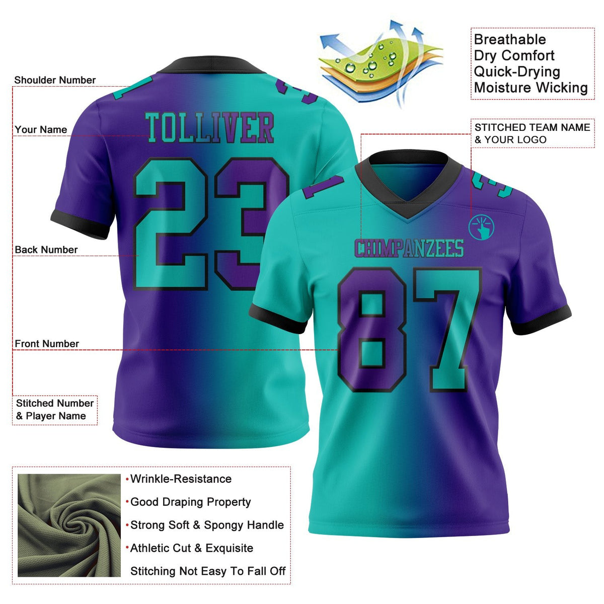 Custom Purple Aqua-Black Authentic Gradient Fashion Football Jersey photo 2
