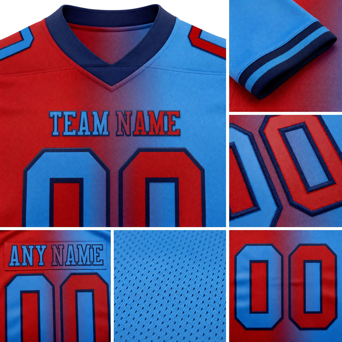 Custom Powder Blue Red-Navy Authentic Gradient Fashion Football Jersey detail