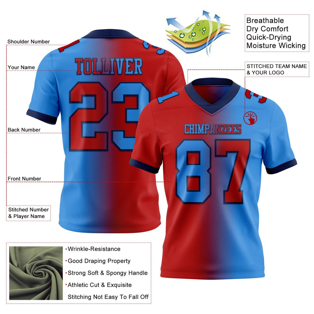 Custom Powder Blue Red-Navy Authentic Gradient Fashion Football Jersey photo 2
