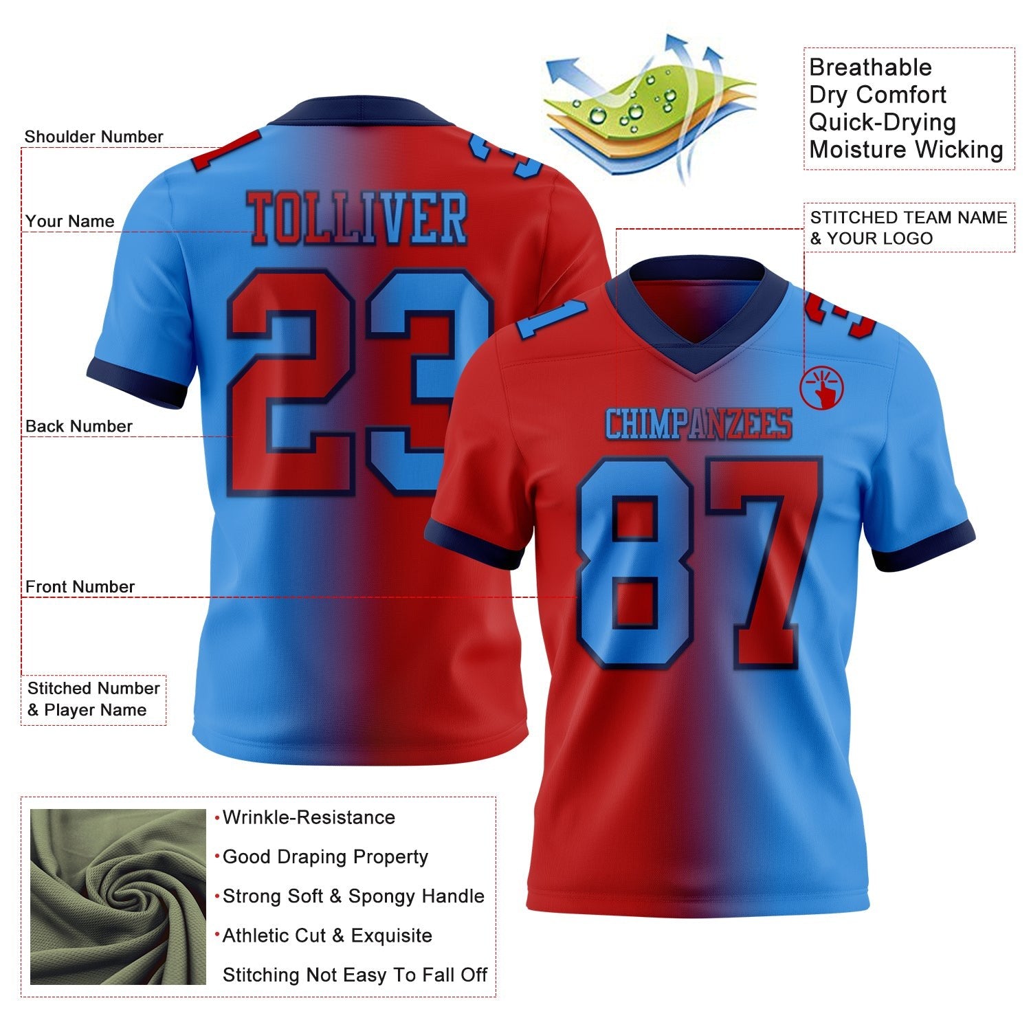 Custom Powder Blue Red-Navy Authentic Gradient Fashion Football Jersey photo 2