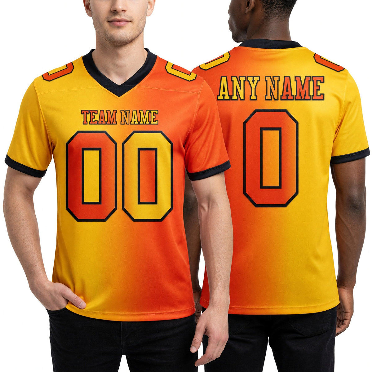 Custom Orange Yellow-Black Authentic Gradient Fashion Football Jersey worn front and back