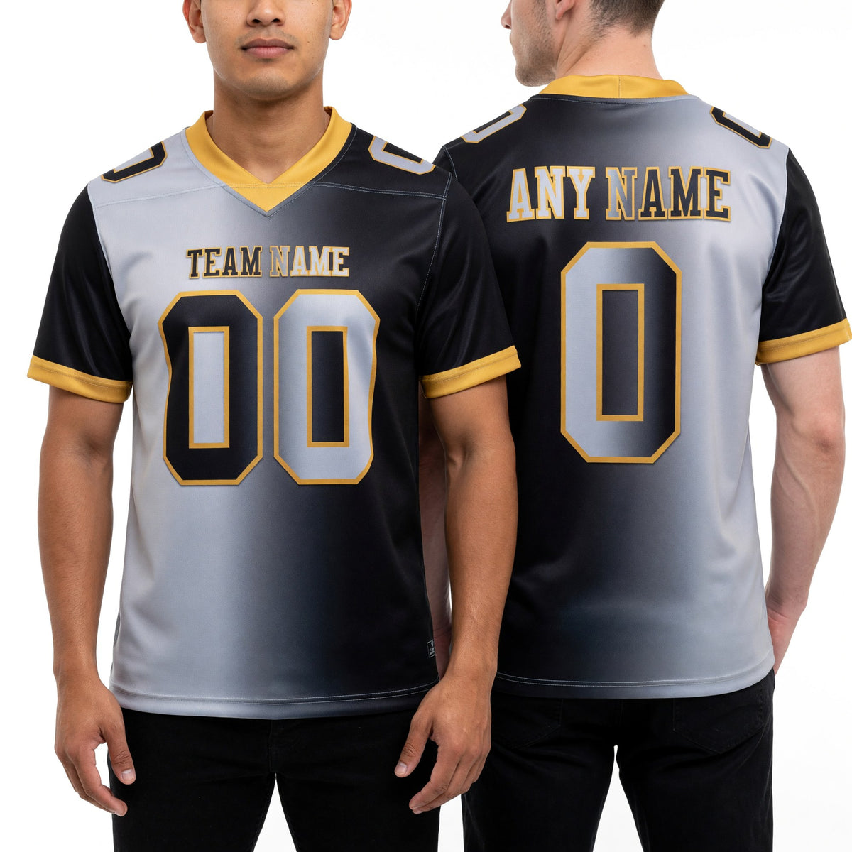 Custom Black Gray-Old Gold Authentic Gradient Fashion Football Jersey worn front and back