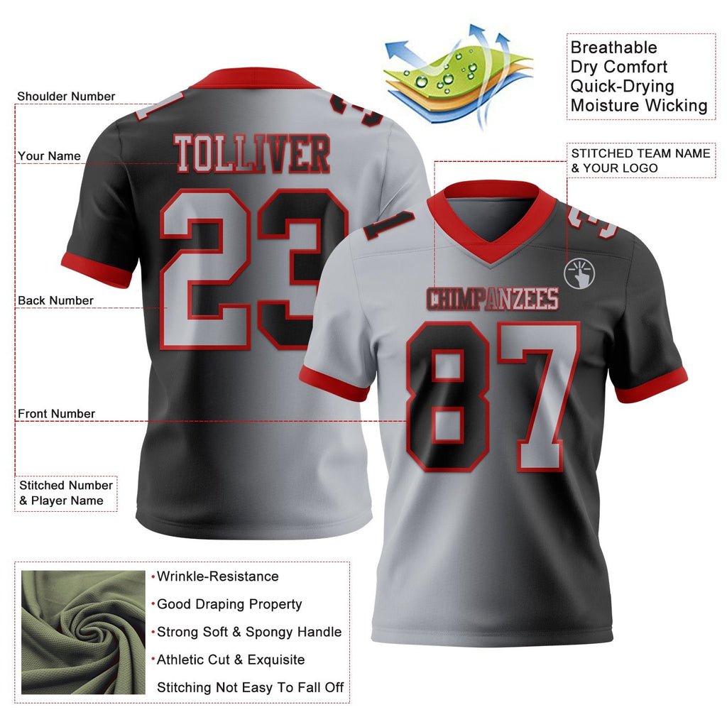 Custom Black Gray-Red Authentic Gradient Fashion Football Jersey photo 3