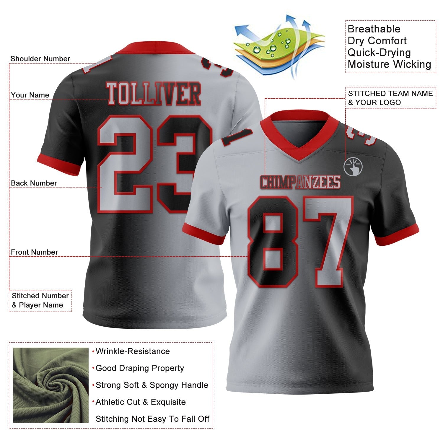 Custom Black Gray-Red Authentic Gradient Fashion Football Jersey photo 3