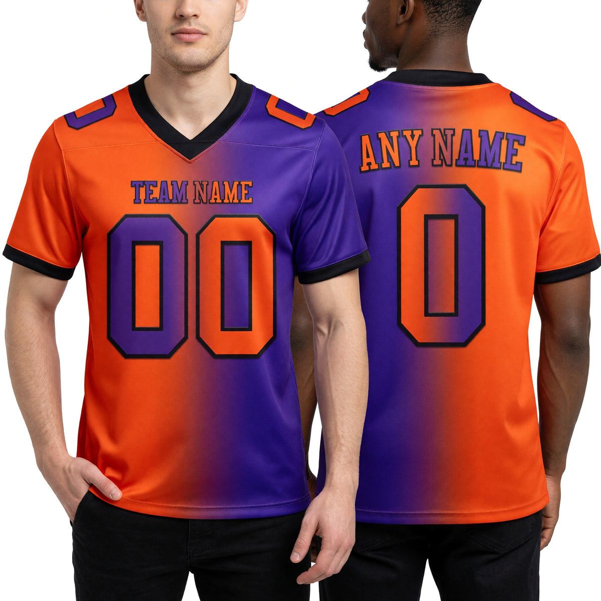 Custom Purple Orange-Black Authentic Gradient Fashion Football Jersey worn front and back