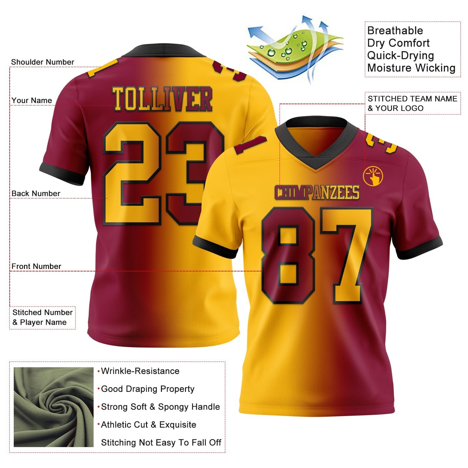 Custom Maroon Gold-Black Authentic Gradient Fashion Football Jersey photo 2