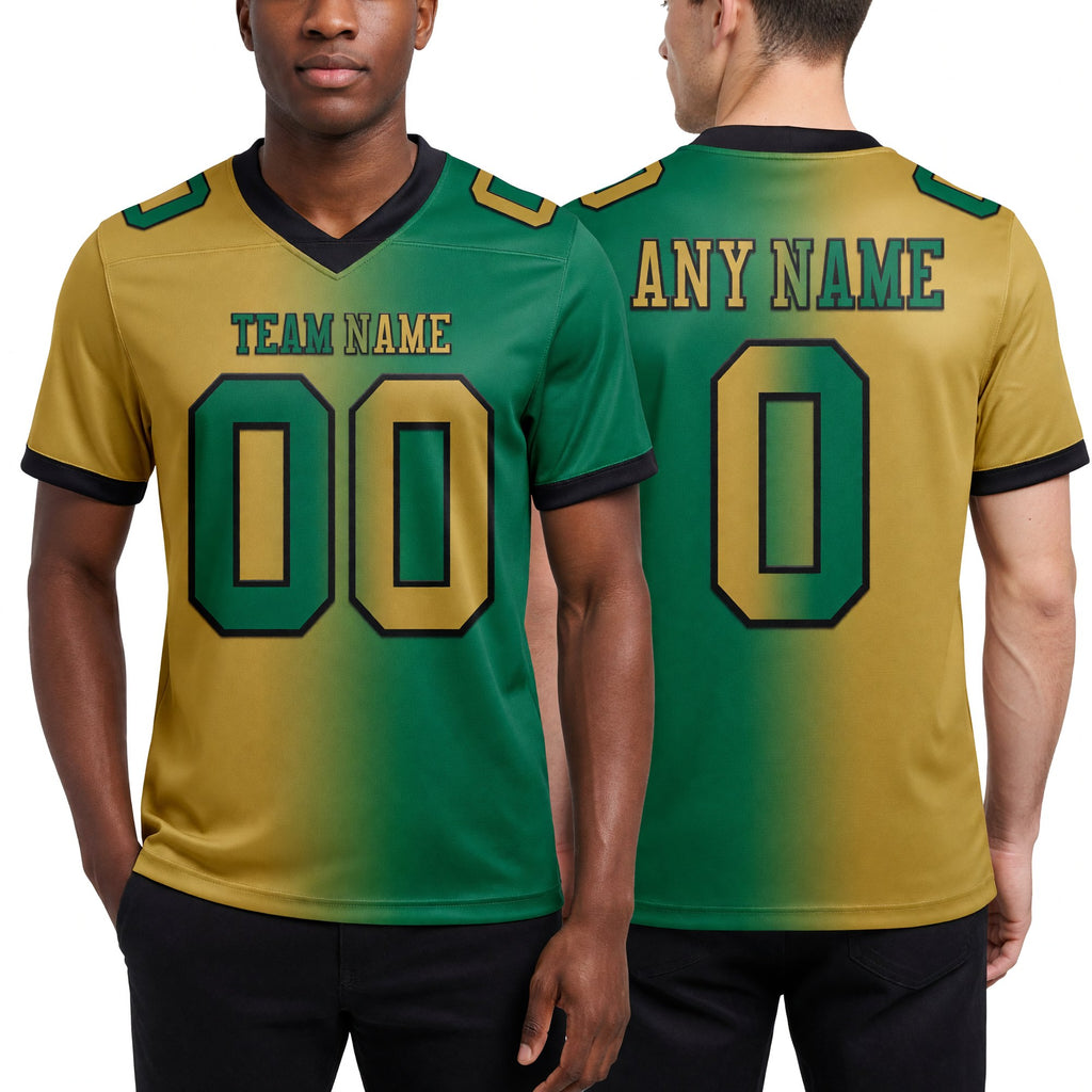 Custom Kelly Green Old Gold-Black Authentic Gradient Fashion Football Jersey worn front and back