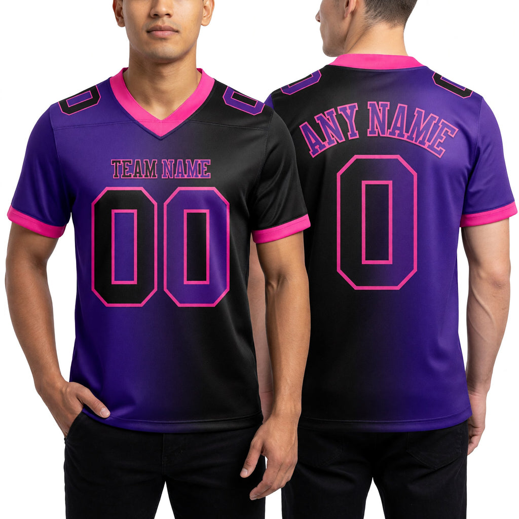 Custom Black Purple-Pink Authentic Gradient Fashion Football Jersey worn front and back