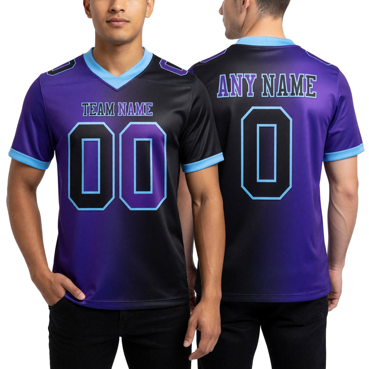 Custom Black Purple-Light Blue Authentic Gradient Fashion Football Jersey worn front and back